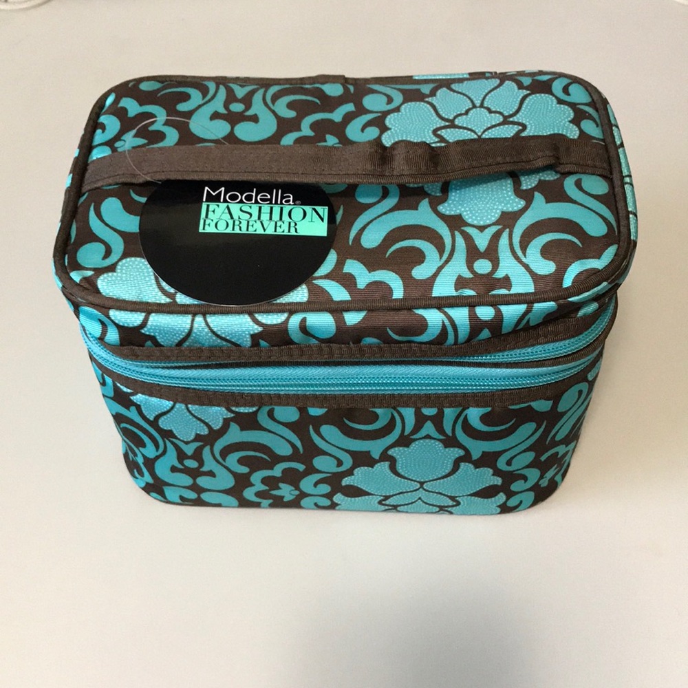 Modella Teal & Brown Brocade Cosmetic Train Case